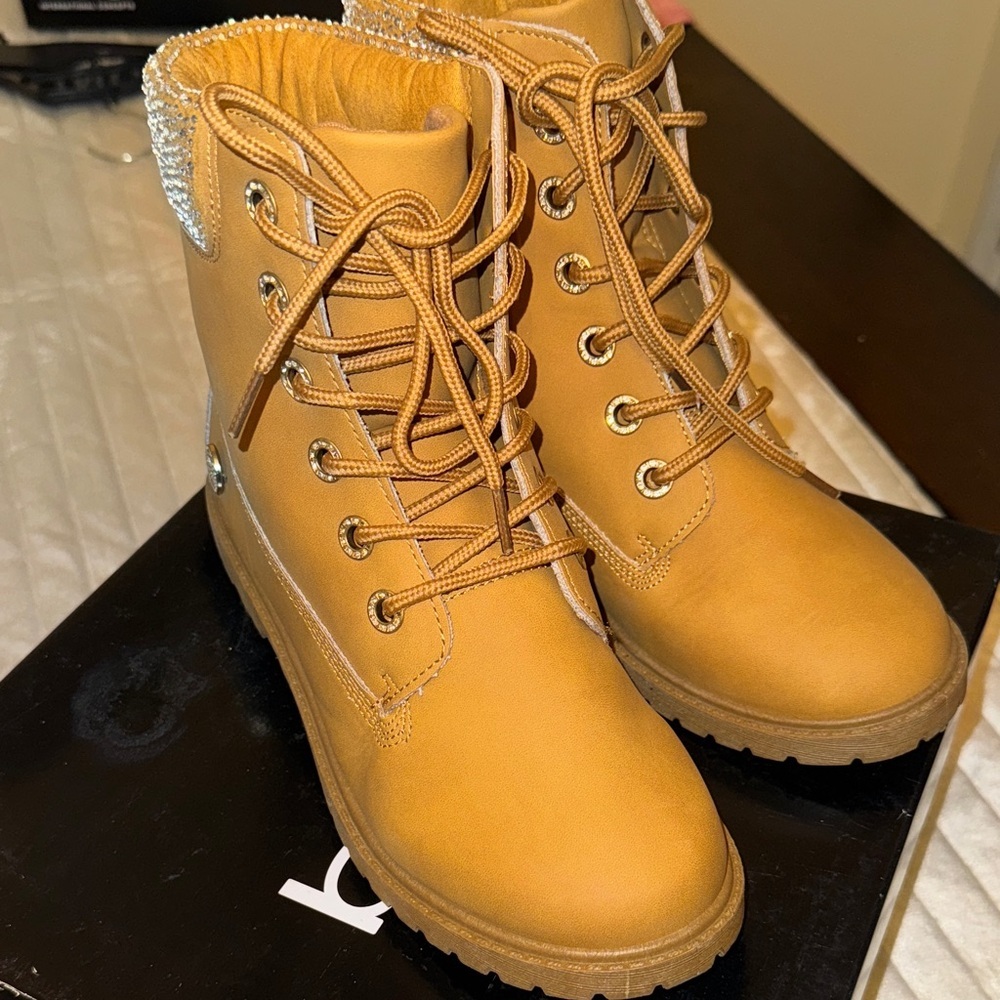 Bebe Mustard Lace-Up Boots with Glittering Cuff - Picture 9 of 16